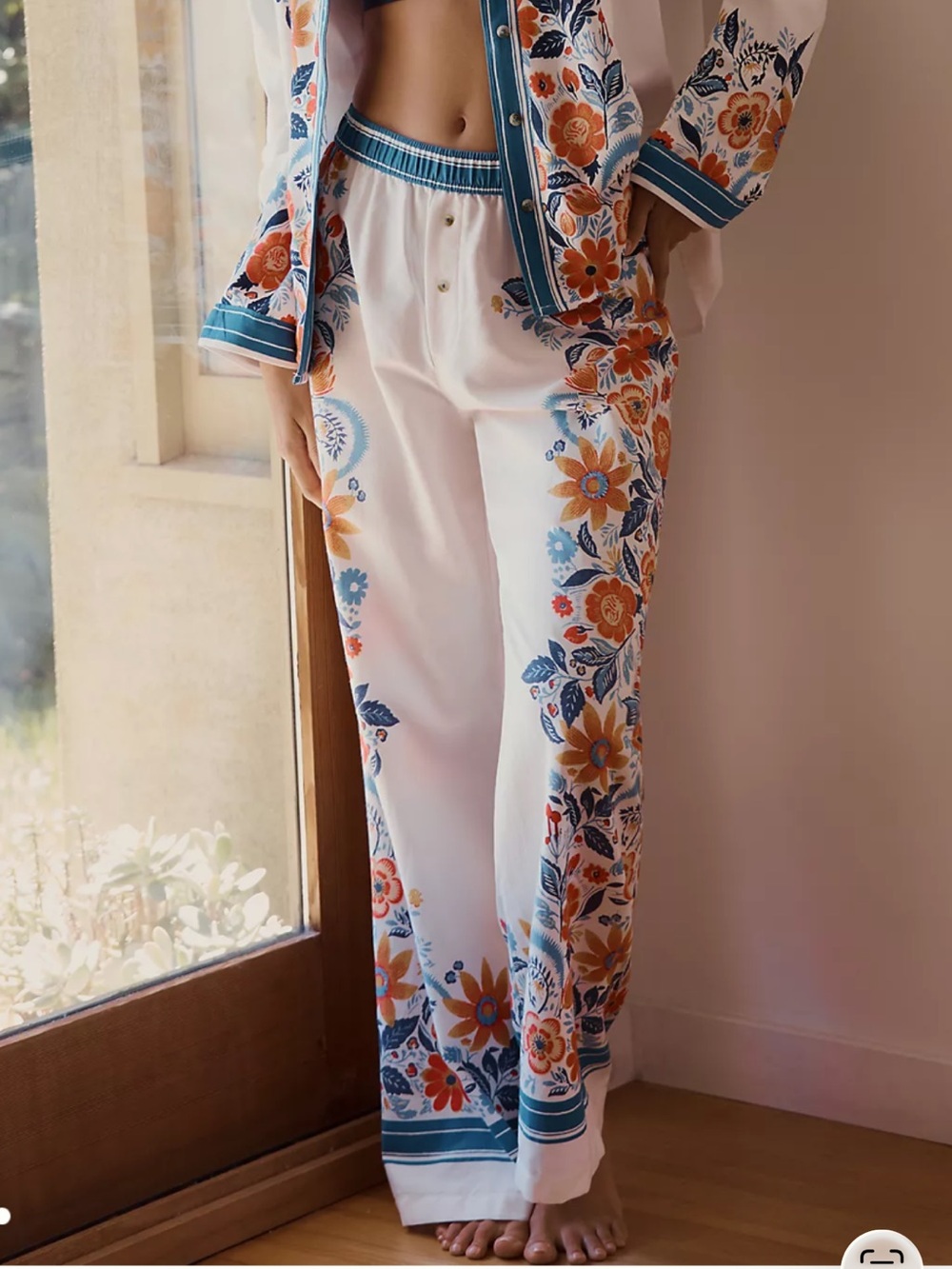 Anthropologie White Wide-Leg Pajama Pants with Orange & Blue Floral Print